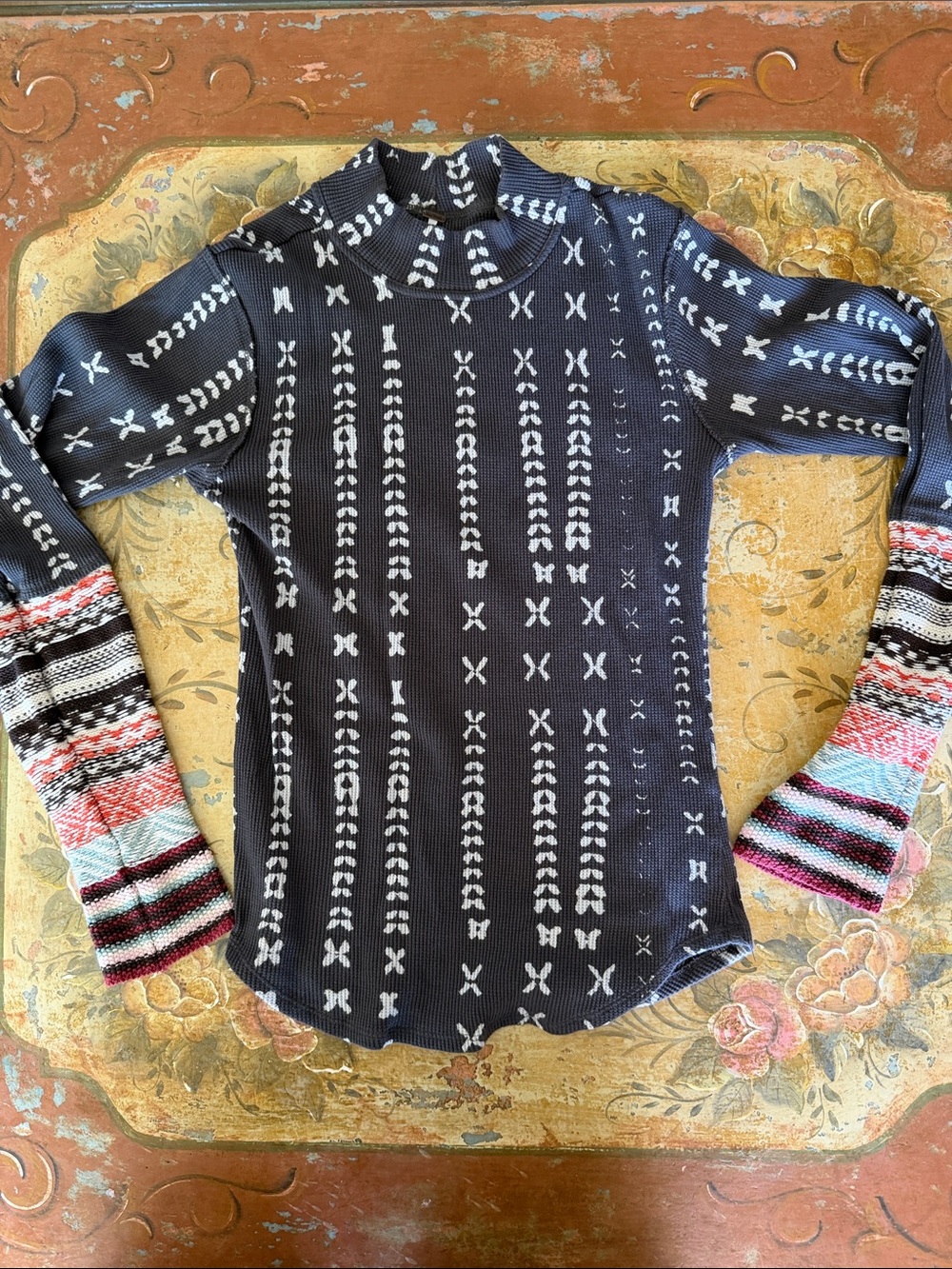 Free People Men's Black Turtleneck Sweater with Multicolor Striped Sleeves